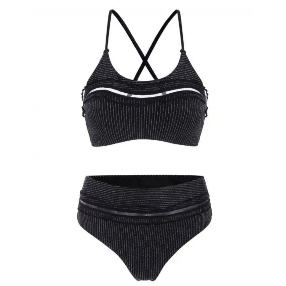 Metallic Bikini |Crisscross Cheeky Black Silver Frilled Padded Sz L
